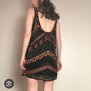 Free People Embellished Black Beaded Geometric Mini Shift Dress Festival Boho